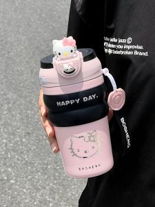 Portable Large Capacity Hellokitty Insulated Water Bottle Straw Cup Student Beverage Container Stainless Steel PP Lid China