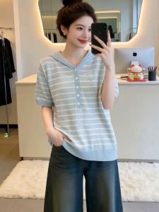 AIYITI | Hooded Striped Slim Fit Ice Silk Knit T-Shirt