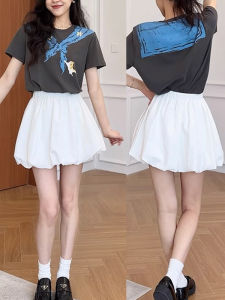 Shalldoer | Fashionable Round Neck Printed Short Sleeve T-Shirt And White Flower Bud Skirt Pants Womens Two-Piece Set Summer Korean Style