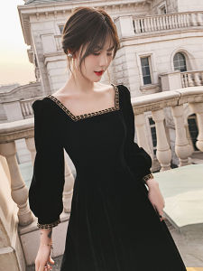 Elegant Black Velvet Dress Womens Spring New Style French Retro Square Collar Hepburn Waist Slimming Midi Skirt Long Sleeve
