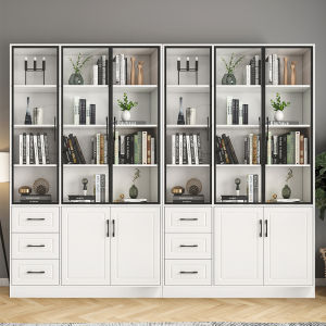 Modern Simple Dustproof Home Library Cabinet with Glass Door Living Room Floor Standing Bookcase against Wall Storage Shelf