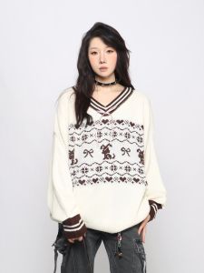 American Retro Cartoon Knot Design Loose Womens Sweater V-neck Knitted Long Sleeve Warm Fashionable Sweet Cool Style