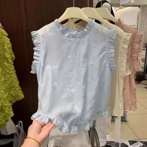 Summer 2025 Korean Style Design Loose Womens Shirt with Wood Grain Ruffle Splicing Ultra Light Thin Fit All Seasons Top