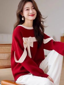 WANGGONGZHU | Trendy Butterfly Knot Color Block Long Sleeve Knitted Sweater Womens Autumn Winter Slimming Round Neck Pullover Woolen Top
