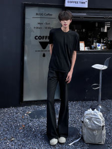 Quần Ống Loe Bằng Lụa Băng Màu Đen Cho Nam Mùa Hè Mỏng Mát Mẻ Phong Cách Đường Phố Mỹ Quần Ống Đứng Thon Gọn