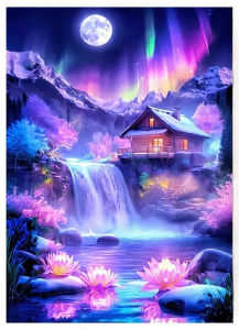 1000pcs Adult Fantasy Landscape Jigsaw Puzzle - Northern Lights Mountain Waterfall Cabin Scene with Purple Pink & Blue Tones