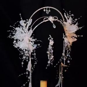 Set Aksesori Rambut Ikat Kepala Mahkota Berlian Imitasi dengan Rumbai dan Bulu Manik-Manik - YADORNOS - Logam Berkualitas Tinggi - Warna Ivory