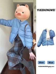 YUEZHONGWEI | Blue Stand Collar Short Dual Zipper Warm Padded Coat