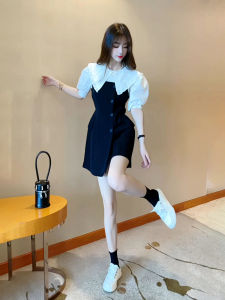French Style Princess Cut Dress with Puffy Sleeves And Collar High Waist Midi Skirt for Women Summer Season Long Sleeve Solid Color