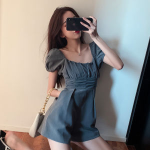 Fashionable New Square Neck Wrinkled Shorts Jumpsuit High Waist Casual Style With Pocket for Women 25-29 Birthday Party