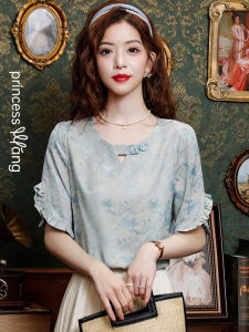 WANGGONGZHU | Elegant Embroidered Silk Chiffon Shirt Womens Summer New Chinese Style Vintage Straight Tube Sleeveless Round Neck Blouse