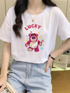 Casual Cotton T-Shirt Womens round Neck Short Sleeve Basic Layering Top Summer New Style Lucky Strawberry Bear Cartoon Print