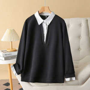 เสื้อสเวตเตอร์คอโปโลลายทางแขนยาวสไตล์เกาหลี ทรงหลวม ผ้าโพลีเอสเตอร์ ฤดูใบไม้ร่วง 2024 เสื้อชั้นในแฟชั่นสำหรับผู้หญิงไซส์ใหญ่
