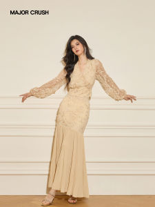 Elegant Lace French Style Golden Luxury Embroidery Puff Sleeve Dress Suite