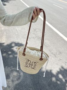 Ladies Summer Beach Straw Woven Bucket Shoulder Bag Fashion Trend Soft Handle Tote Bag Polyester Lining Double Strap Closure