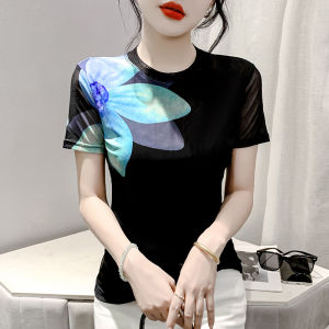 REHIN เสื้อยืดแขนสั้นพิมพ์ลายตาข่ายฤดูร้อนแฟชั่นใหม่ผู้หญิงคอกลมเข้ารูปพอดีตัวเก๋ไก๋สง่างาม บอดี้สูทหญิง