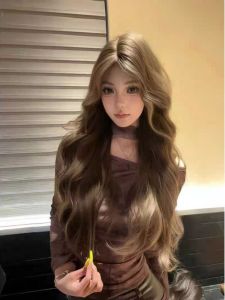 Womens Long Curl Wig Brown Woolen Natural Part Korean Style Hair Extension for Younger Looking Fashion Change Hair Accessories