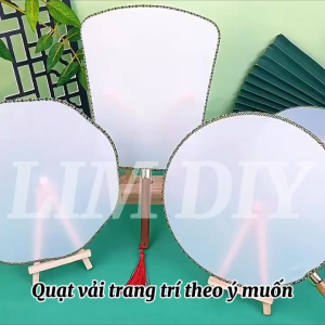 Quạt Vải Trắng Vẽ- Tô Màu – Đường Kính 24cm – Tay Cầm Gỗ/Nhựa – Làm Thủ Công Trang Trí Múa Nghệ Thuật LIM DIY
