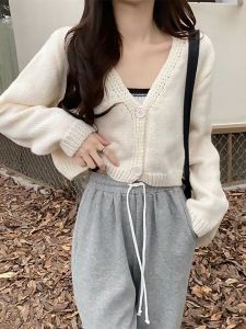 ⚡Port⚡ blouses women new style 2025 Korean Version Temperamental V-neck Sweater Coat Short Knitted Cardigan Women Slim Fitting Top