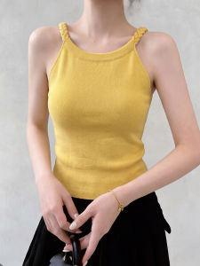 XIAMENGSHI | Áo Ngực Không Tay Cổ Sâu Lưng Dài Slim Knit Ngắn của Pháp