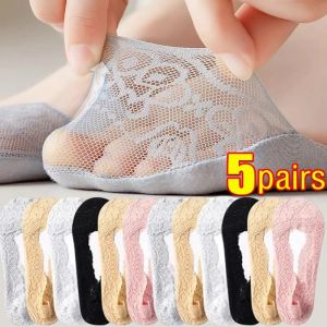 1/5Pairs Ballet Lace Flower Sock Slippers Women Summer Silicone Non-slip Ankle Sox Invisible Slipper Lady Hollow Boat Socks