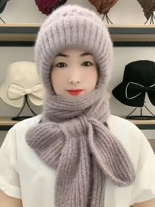 Thickened Double Layer Knitted Squirrel Fur Hat Scarf One Piece Winter Cap for Women Sweet Cute Style Fall Season No Brand