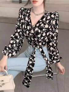 Sweet And Spicy Retro Beautiful Floral Shirt Womens Spring Autumn New Style Slim Short Design Unique Small Top Korean Style