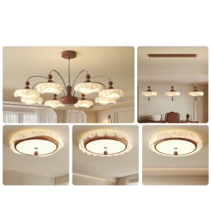 jiuxin lighting | Chinese Aesthetic Vintage Walnut Color Fabric Patterned Pendant Light
