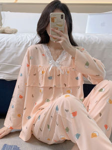 ผ้าฝ้ายชุดนอนผ้าไหมชุดผู้หญิงขนาดใหญ่สบายคอวีแขนยาวบางส่วนฤดูใบไม้ผลิฤดูใบไม้ร่วงเสื้อผ้า