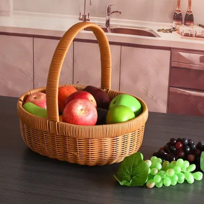 Handwoven Rattan Style Fruit Basket Handheld Picnic Shopping Basket Egg Carrier Vegetable Storage Basket EcoFriendly