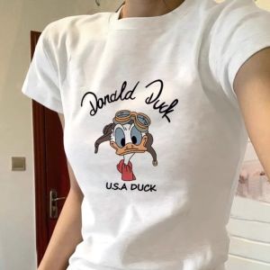 Pure Cotton American Style Short Sleeve T-Shirt Women Summer Slim Fit Cartoon Print Top Design Sense Versatile Casual Wear