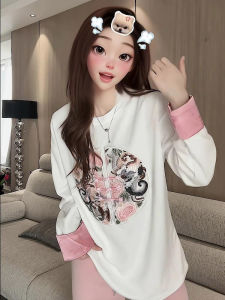 Mid Length Loose Fit Long Sleeve T-Shirt for Women with Geometric Pattern Creative Tweed Style Crewneck Spring Fashion Icon