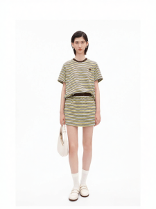 Color-Block Smiley Face Cotton Blend Stripe Short Sleeve T Shirt
