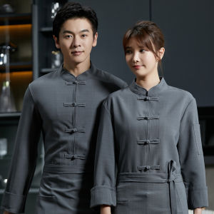Chinese Style Linen Chefs Shirt Long Sleeve Kitchen Uniform for Noodle Shop Male Waiter Workwear Cotton Blend Fabric