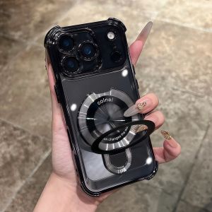 Luxury Plating Shockproof Magnetic Bracket For Magsafe Clear Phone Case For iPhone 15 16 17 Pro Max 17 Ring Holder Stand Cover
