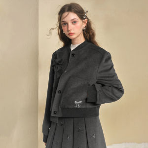 TAMMY TANGS | Sporty Grey Woolen Short Jacket For Girls Loose Fit Baseball Style Coat Butterfly Knot Design Polyester Blend Casual Outerwear
