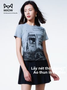 Miiow | Cat Lady Printed T-Shirt Womens Summer Thin Round Neck Short Sleeve Moisture Wicking Retro American Vintage Design Base Shirt