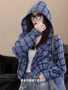 American Street Retro Chic Short Gingham Long Sleeves Shirt Womens Autumn New Arrival Loose Hooded Shirt Outwear Fashion
