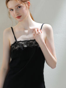 XEXZ | XEXZ Quần áo ngủ lụa ren gợi cảm cho nữ mùa hè 2025 mới về dây đeo cổ chữ V váy dài tay ngắn