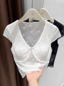 เสื้อยืดแขนสั้นคอวีลึกลูกไม้รัดรูปสำหรับผู้หญิง เสื้อชั้นในแบบมีแผ่นเสริมหน้าอก ทรงเข้ารูป แขนสั้น คอวีลึกลึก เซ็กซี่ ทรงเข้ารูป