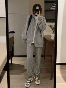 Grey High Waist Harlan Casual Sports Pants Womens Spring Cotton Trousers Versatile Loose Fit Long Pants Casual Style