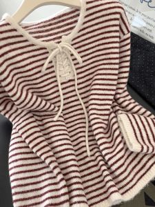 Korean Style Striped Knot Butterfly Design Womens Soft Sweater Long Sleeve Knitted Pullover Casual Comfortable Breathable