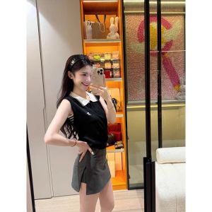 YUEZHONGWEI | Áo len dệt kim không tay cổ polo ôm vừa vặn kiểu Pháp mùa hè cho nữ Áo khoác ngoài thiết kế màu tương phản