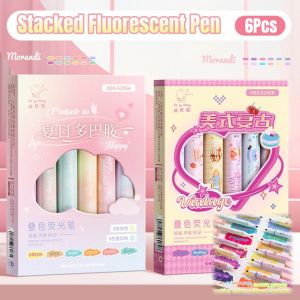 Dual Tip Stacking Color Highlighter 6Pcs Magic Color Fluorescent Pen 1.5mm/4mm DIY Graffiti Marker School Supplies Stationery
