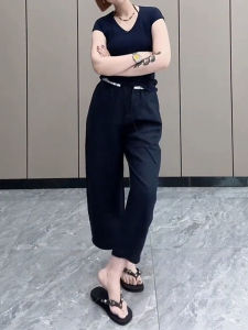 High Waist Wide Leg Linen Casual Pants Womens plus Size Pear Shape Loose Slimming Nine Point Trousers Commute Style Summer