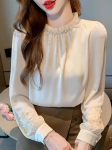 WANGGONGZHU | Elegant Stand Collar Satin Chiffon Shirt Women Spring 2025 New French Style Beaded Top Design Sense Princess Fit Straight Tube