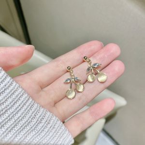 Sweet Cherry Diamond Embedded Cats Eye Stone Earrings No Piercing Required Versatile Retro Style Fashion Jewelry Accessories