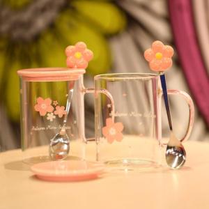High Borosilicate Glass Sakura Cup Heat Resistant Office Drinking Water Cup Womens Style with Lid And Spoon Floral Tea Cup