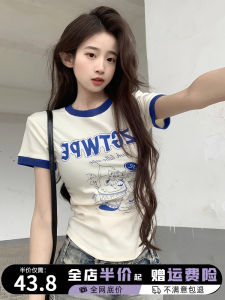 เสื้อยืดคอกลมแขนสั้นทรงสลิมฟิตสำหรับผู้หญิงในช่วงฤดูร้อน สไตล์เกาหลี ลายตัวอักษรสั้นสีบล็อกสุดน่ารัก สีฟ้า เสื้อผ้าทำงาน