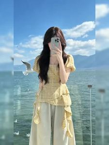 NIUVIES | Bộ Đồ Hè Thời Trang Áo Carô Vàng Tay Bồng và Quần Ống Rộng
